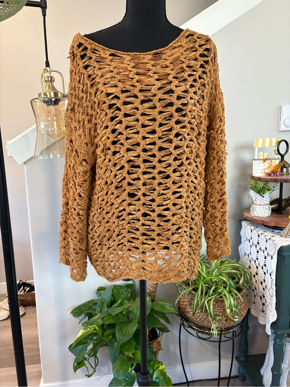 Zara Open-Knit Scoop Crewneck Sweater in Chestnut